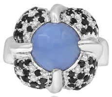 1.49CT WHITE & BLACK DIAMOND & AAA CHALCEDONY 18K WHITE GOLD 3D FLOWER LOVE RING