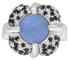 1.49CT WHITE & BLACK DIAMOND & AAA CHALCEDONY 18K WHITE GOLD 3D FLOWER LOVE RING