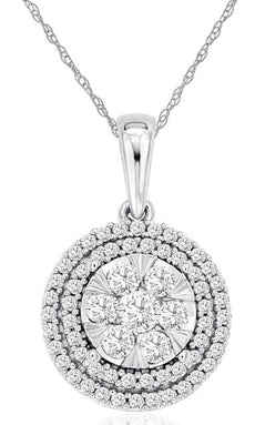 .50CT DIAMOND 14KT WHITE GOLD 3D CLUSTER FLOWER DOUBLE HALO FUN FLOATING PENDANT