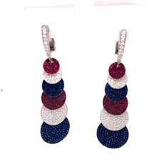 9.66CT DIAMOND & AAA SAPPHIRE & RUBY 18KT WHITE GOLD GRADUATING HANGING EARRINGS