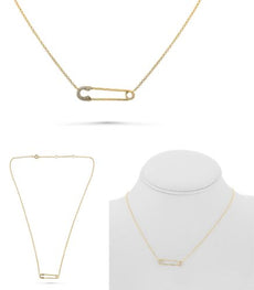 ESTATE .07CT DIAMOND 14KT YELLOW GOLD CLASSIC SAFETY PIN ADJUSTABLE FUN NECKLACE