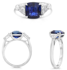 4.57CT DIAMOND & AAA SAPPHIRE PLATINUM CUSHION & TRILLION 3 STONE CLASSIC RING