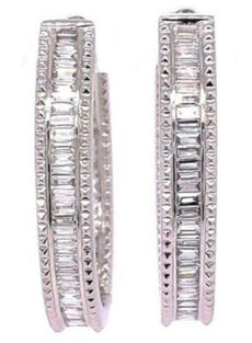 1.71CT DIAMOND 18KT WHITE GOLD BAGUETTE CLASSIC INSIDE OUT HOOP HANGING EARRINGS