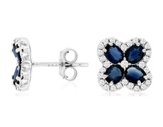 2.15CT DIAMOND & AAA SAPPHIRE 14KT WHITE GOLD OVAL & ROUND FLOWER STUD EARRINGS