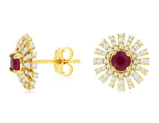 ESTATE 1.09CT DIAMOND & AAA RUBY 14KT YELLOW GOLD FLOWER STARBURST STUD EARRINGS