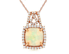 1.63CT DIAMOND & AAA OPAL 14K ROSE GOLD CUSHION & ROUND HALO SQUARE LOVE PENDANT