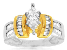 1.05CT DIAMOND 14K 2 TONE GOLD MARQUISE SHAPE & BAGUETTE CLASSIC ENGAGEMENT RING