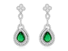5.20CT DIAMOND & EMERALD 14KT WHITE GOLD DOUBLE HALO PEAR SHAPE HANGING EARRINGS