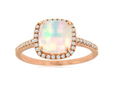 1.58CT DIAMOND & AAA OPAL 14K ROSE GOLD CUSHION & ROUND CLASSIC HALO SQUARE RING