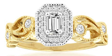 .38CT DIAMOND 14KT YELLOW GOLD ROUND & BAGUETTE FILIGREE OCTAGON ENGAGEMENT RING