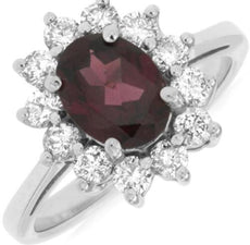 2.15CT DIAMOND & AAA RHODOLITE 14KT WHITE GOLD OVAL & ROUND PRINCESS DIANA RING