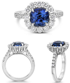 4.55CT DIAMOND & AAA SAPPHIRE PLATINUM 3D CUSHION & ROUND FLOWER ENGAGEMENT RING