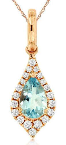 .45CT DIAMOND & AAA AQUAMARINE 14KT ROSE GOLD 3D TEAR DROP LOVE FLOATING PENDANT