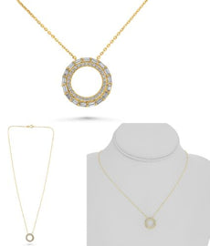 .40CT DIAMOND 14K YELLOW GOLD 3D ROUND & BAGUETTE DOUBLE CIRCLE OF LIFE NECKLACE