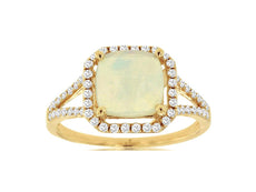 1.70CT DIAMOND & AAA OPAL 14KT YELLOW GOLD CUSHION & ROUND HALO SQUARE LOVE RING