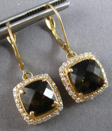 LARGE 4.36CT DIAMOND & AAA SMOKY TOPAZ 14KT YELLOW GOLD SQUARE HANGING EARRINGS