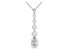 .52CT DIAMOND 14KT WHITE GOLD 3D ROUND & BAGUETTE JOURNEY SQUARE LARIAT PENDANT