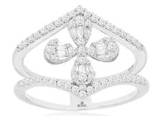 .47CT DIAMOND 14KT WHITE GOLD ROUND & BAGUETTE DOUBLE V 4 LEAF CLOVER LOVE RING