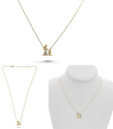 .07CT DIAMOND 14K YELLOW GOLD 3D BRIDE & GROOM PROPOSAL ADJUSTABLE LOVE NECKLACE