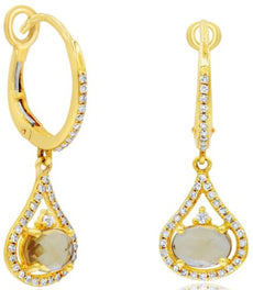 1.48CT DIAMOND & AAA ROSE QUARTZ 14KT YELLOW GOLD OVAL & ROUND HANGING EARRINGS