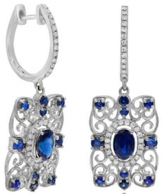 2.13CT DIAMOND & AAA SAPPHIRE 14K WHITE GOLD MULTI HEART SQUARE HANGING EARRINGS