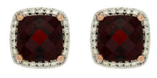 3.46CT DIAMOND & AAA GARNET 14KT ROSE GOLD 3D CUSHION & ROUND HALO STUD EARRINGS