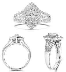 .94CT DIAMOND 14KT WHITE GOLD ROUND & MARQUISE SHAPE DOUBLE HALO ENGAGEMENT RING