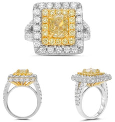3.78CT WHITE & FANCY YELLOW DIAMOND 18KT TWO TONE GOLD 3D ROUND & CUSHION RING