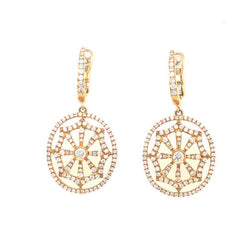 LARGE 1.74CT DIAMOND 18KT YELLOW GOLD 3D FLORAL WEB CIRCULAR HANGING EARRINGS