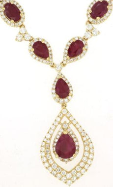 14.30CT DIAMOND & AAA RUBY 14K YELLOW GOLD 3D PEAR SHAPE & ROUND LARIAT NECKLACE