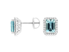 1.95CT DIAMOND & AAA AQUAMARINE 14K WHITE GOLD EMERALD CUT & ROUND STUD EARRINGS