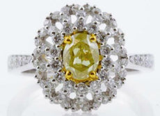 1.46CT WHITE & FANCY YELLOW DIAMOND 18K 2 TONE GOLD OVAL FLOWER ENGAGEMENT RING