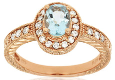 1.03CT DIAMOND & AAA AQUAMARINE 14KT ROSE GOLD 3D OVAL & ROUND ENGAGEMENT RING
