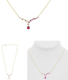 .86CT DIAMOND & AAA RUBY 14KT YELLOW GOLD 3D ROUND & PEAR SHAPE V SHAPE NECKLACE