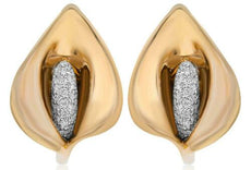 ESTATE .36CT DIAMOND 18KT 2 TONE GOLD 3D TULIP FLOWER CLIP ON HANGING EARRINGS