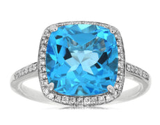 5.0CT DIAMOND & AAA BLUE TOPAZ 14KT WHITE GOLD 3D CUSHION & ROUND HALO FUN RING