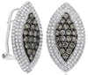 1.99CT WHITE & CHOCOLATE FANCY DIAMOND 14KT WHITE GOLD 3D CLUSTER HALO EARRINGS