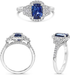 2.63CT DIAMOND & AAA SAPPHIRE PLATINUM CUSHION & TRAPEZIOD 3D HALO 3 STONE RING