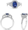 2.63CT DIAMOND & AAA SAPPHIRE PLATINUM CUSHION & TRAPEZIOD 3D HALO 3 STONE RING
