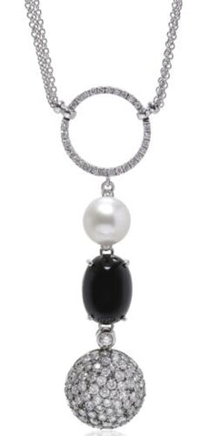 4.62CT DIAMOND & AAA SOUTH SEA PEARL & ONYX 18KT WHITE GOLD LARIAT LOVE NECKLACE