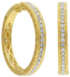 ESTATE 1.32CT DIAMOND 18KT YELLOW GOLD 3D CLASSIC FILIGREE HOOP HANGING EARRINGS