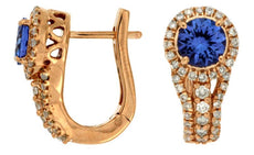 1.35CT DIAMOND & AAA TANZANITE 14KT ROSE GOLD ROUND LEVERBACK HANGING EARRINGS
