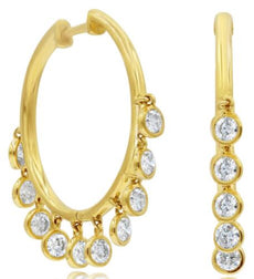 ESTATE 1.28CT DIAMOND 18KT YELLOW GOLD 3D ROUND BEZEL CHANDELIER HOOP EARRINGS
