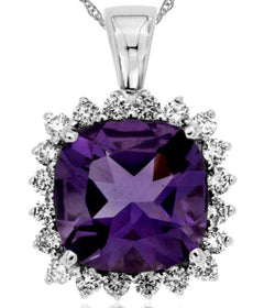 4.1CT DIAMOND & AAA AMETHYST 14KT WHITE GOLD 3D CUSHION & ROUND FLOATING PENDANT