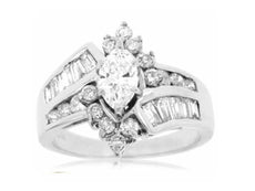 ESTATE 1.55CT ROUND BAGUETTE & MARQUISE DIAMOND 14KT WHITE GOLD ENGAGEMENT RING