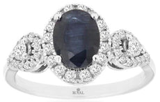 2.05CT DIAMOND & AAA SAPPHIRE 14KT WHITE GOLD 3D OVAL & ROUND HALO 3 STONE RING
