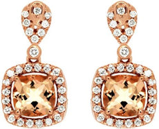 2.12CT DIAMOND & AAA MORGANITE 14KT ROSE GOLD 3D CUSHION & ROUND SQUARE EARRINGS