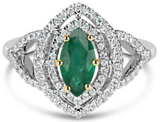 1.05CT DIAMOND & AAA EMERALD 18K 2 TONE GOLD 3D MARQUISE & ROUND ENGAGEMENT RING