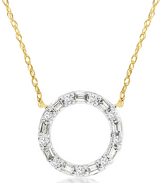 .25CT DIAMOND 14KT 2 TONE GOLD 3D ROUND & BAGUETTE CIRCLE OF LIFE LOVE NECKLACE