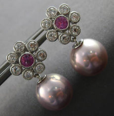 1.1CT DIAMOND & AAA PINK SAPPHIRE & PINK SOUTH SEA PEARL 14K WHITE GOLD EARRINGS